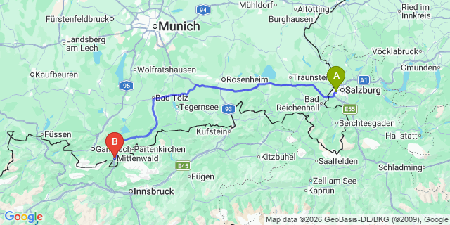 Map: Salzburg Airport (SZG) to Mittenwald