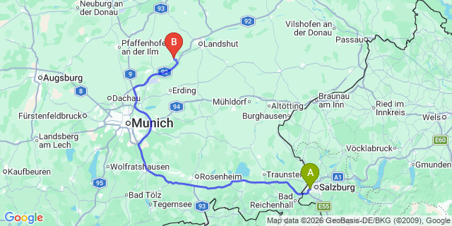 Map: Salzburg Airport (SZG) to Moosburg an der Isar