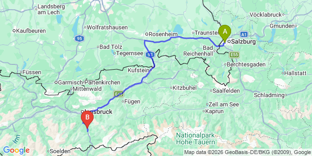 Map: Salzburg Airport (SZG) to Mühlbachl (Tyrol)
