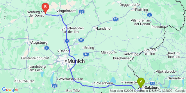 Map: Salzburg Airport (SZG) to Neuburg an der Donau