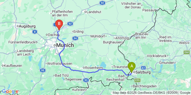 Map: Salzburg Airport (SZG) to Neufahrn bei Freising