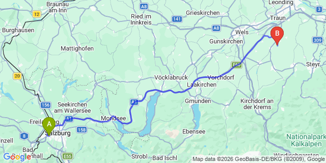 Map: Salzburg Airport (SZG) to Neuhofen an der Krems