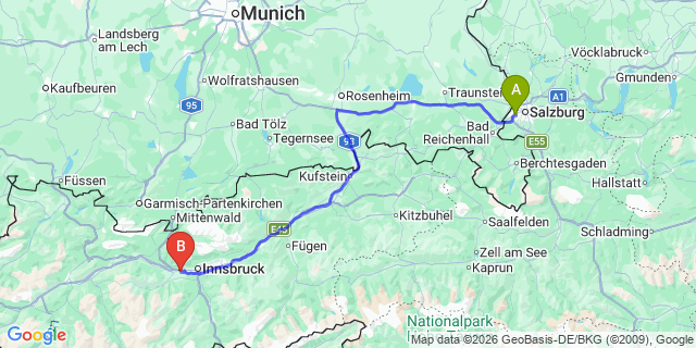 Map: Salzburg Airport (SZG) to Neustift im Stubaital