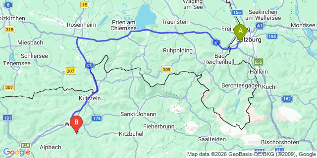 Map: Salzburg Airport (SZG) to Niederau (Austria)