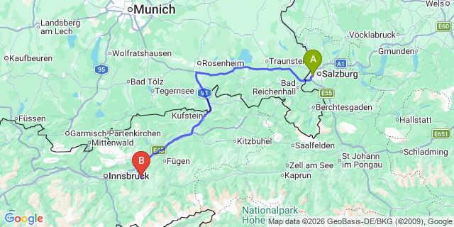 Map: Salzburg Airport (SZG) to Ortisei