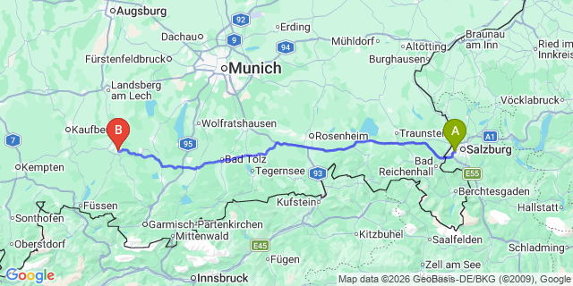 Map: Salzburg Airport (SZG) to Peiting