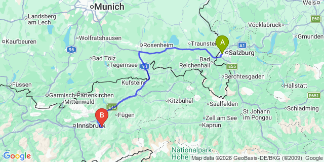 Map: Salzburg Airport (SZG) to Pertisau