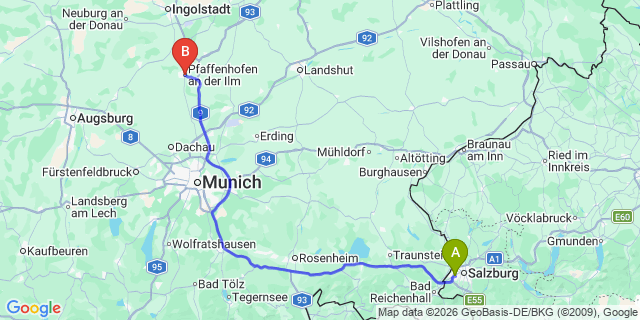 Map: Salzburg Airport (SZG) to Pfaffenhofen an der Ilm