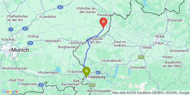 Map: Salzburg Airport (SZG) to Pocking