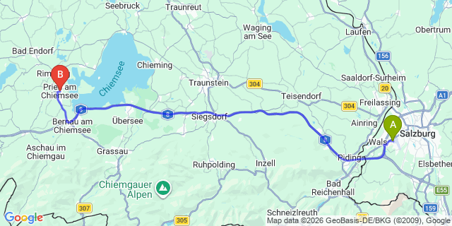Map: Salzburg Airport (SZG) to Prien am Chiemsee