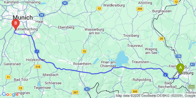 Map: Salzburg Airport (SZG) to Pullach im Isartal