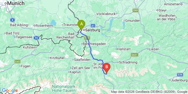 Map: Salzburg Airport (SZG) to Radstadt