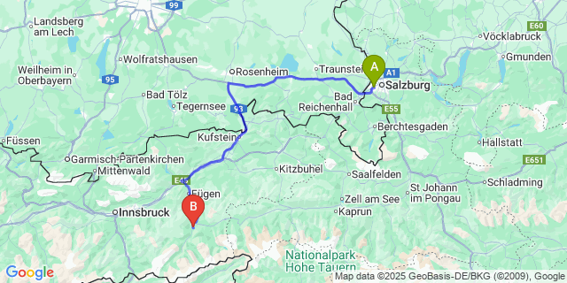 Map: Salzburg Airport (SZG) to Ramsau im Zillertal