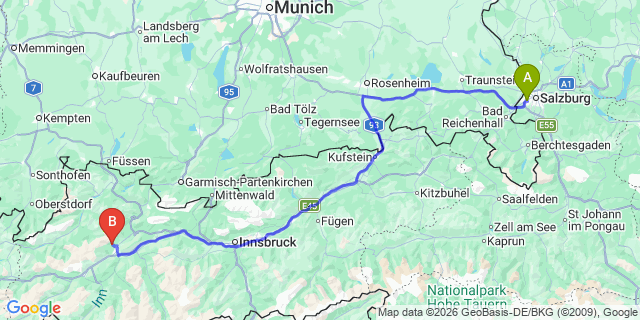 Map: Salzburg Airport (SZG) to Reutte