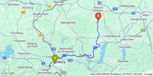 Map: Salzburg Airport (SZG) to Ried im Innkreis