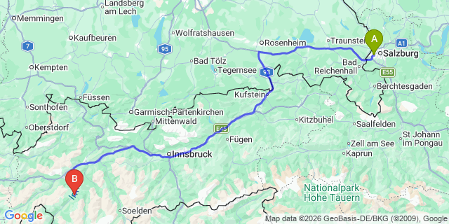 Map: Salzburg Airport (SZG) to Ried im Oberintall