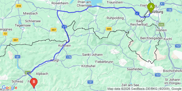 Map: Salzburg Airport (SZG) to Ried in Zillertal