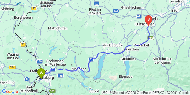 Map: Salzburg Airport (SZG) to Rohrbach in Oberösterreich