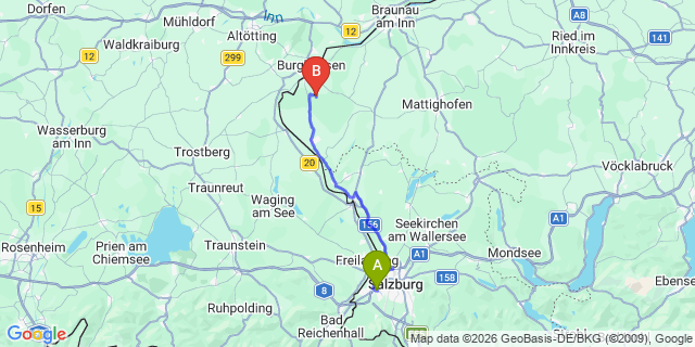 Map: Salzburg Airport (SZG) to Saalfelden am Steinernen Meer
