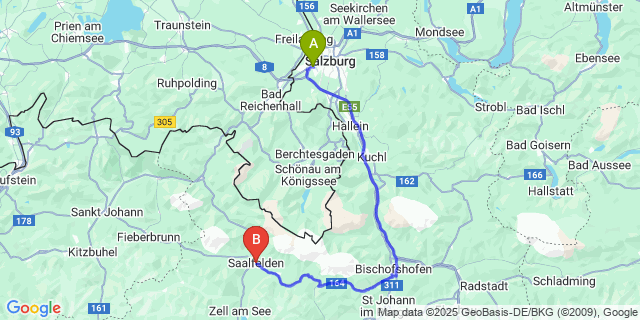 Map: Salzburg Airport (SZG) to Saalfelden