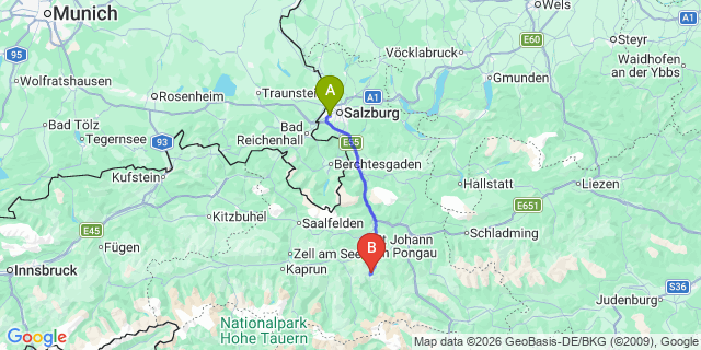 Map: Salzburg Airport (SZG) to Sankt Johann im Pongau