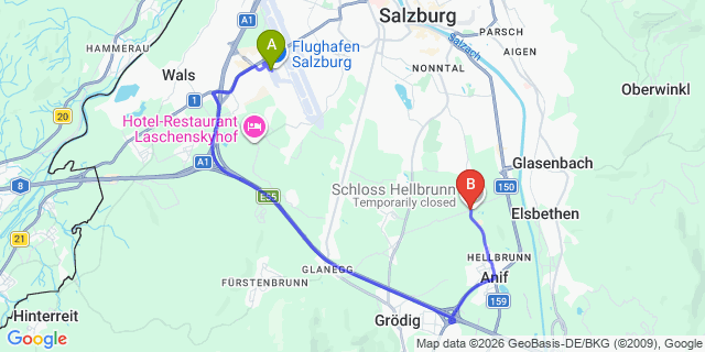 Map: Salzburg Airport (SZG) to Schloss Hellbrunn