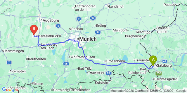 Map: Salzburg Airport (SZG) to Schwabmünchen