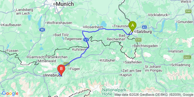 Map: Salzburg Airport (SZG) to Schwaz