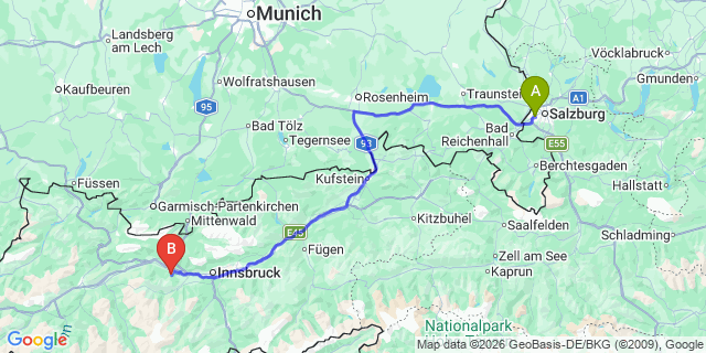 Map: Salzburg Airport (SZG) to Seefeld in Tirol