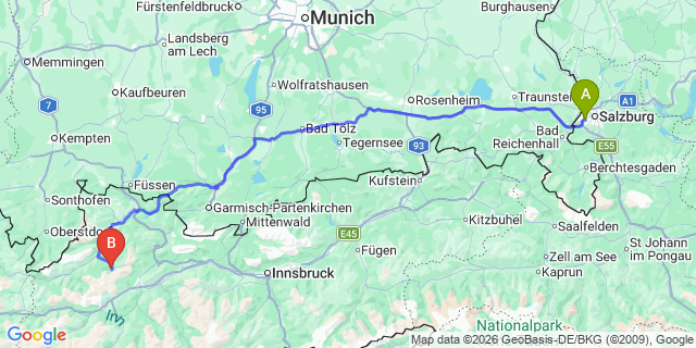 Map: Salzburg Airport (SZG) to Serfaus