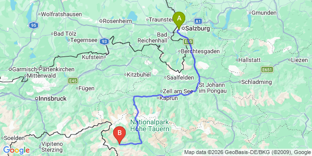 Map: Salzburg Airport (SZG) to St. Jakob in Defereggen