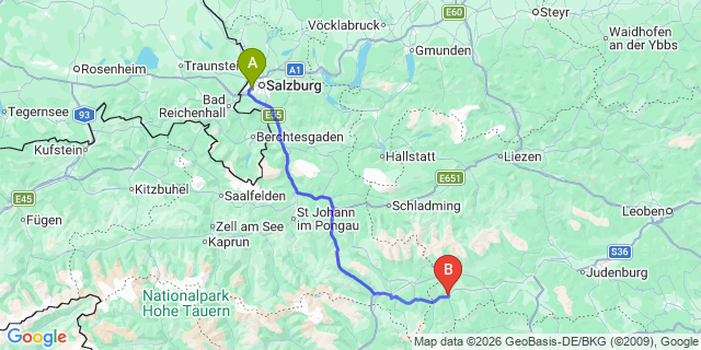 Map: Salzburg Airport (SZG) to Stadl an der Mur