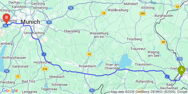 Map: Salzburg Airport (SZG) to Telfes im Stubai