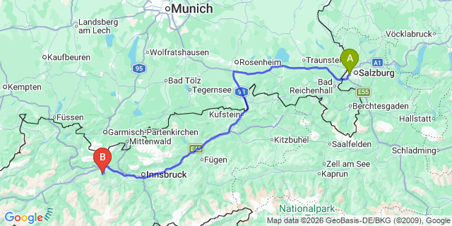 Map: Salzburg Airport (SZG) to Telfs