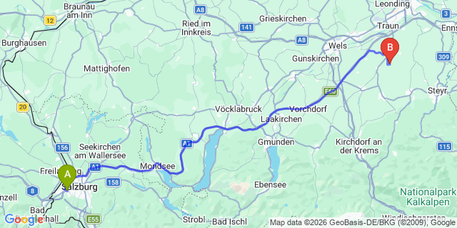 Map: Salzburg Airport (SZG) to Traun