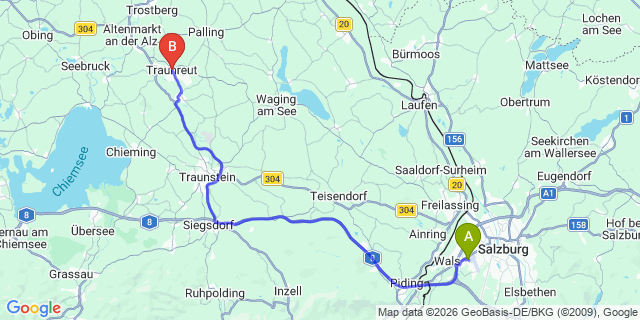 Map: Salzburg Airport (SZG) to Traunreut