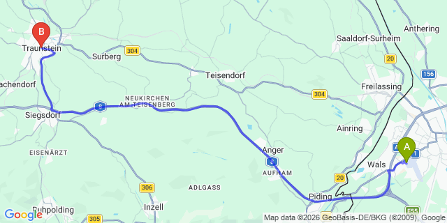 Map: Salzburg Airport (SZG) to Traunstein