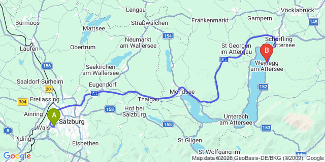 Map: Salzburg Airport (SZG) to Underach am Attersee