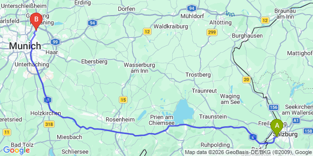 Map: Salzburg Airport (SZG) to Unterföhring