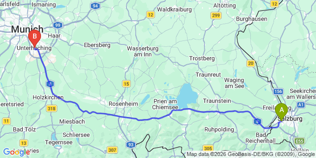Map: Salzburg Airport (SZG) to Unterhaching
