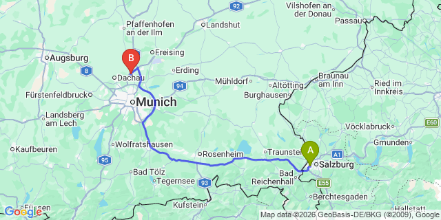Map: Salzburg Airport (SZG) to Unterschleißheim