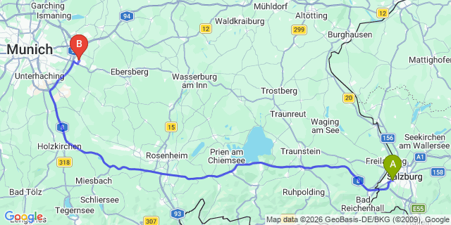 Map: Salzburg Airport (SZG) to Vaterstetten