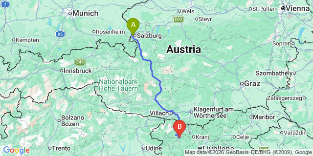 Map: Salzburg Airport (SZG) to Velden