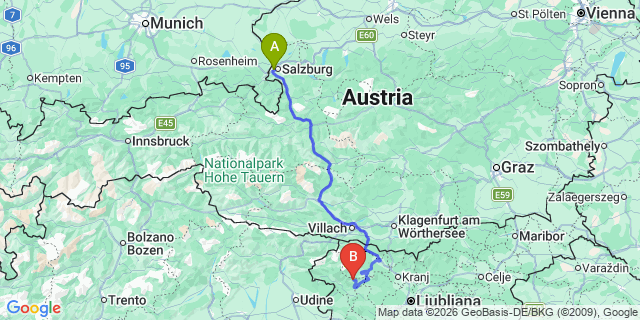 Map: Salzburg Airport (SZG) to Villach
