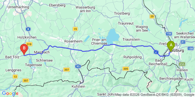 Map: Salzburg Airport (SZG) to Waakirchen