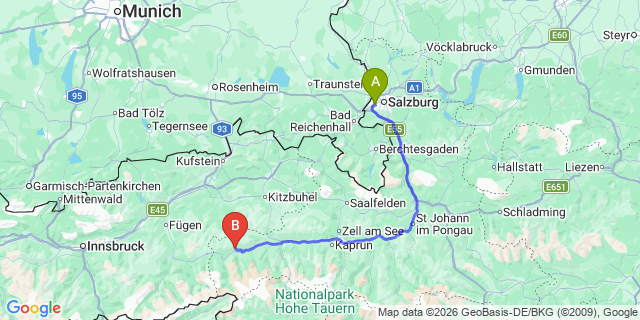 Map: Salzburg Airport (SZG) to Wald im Pinzgau