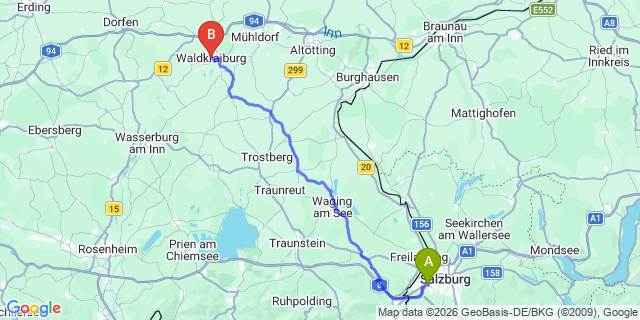 Map: Salzburg Airport (SZG) to Waldkraiburg