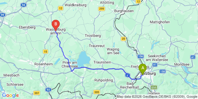 Map: Salzburg Airport (SZG) to Wasserburg am Inn