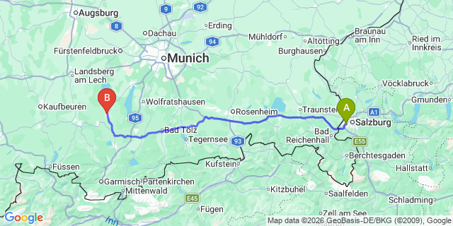 Map: Salzburg Airport (SZG) to Weilheim in Oberbayern