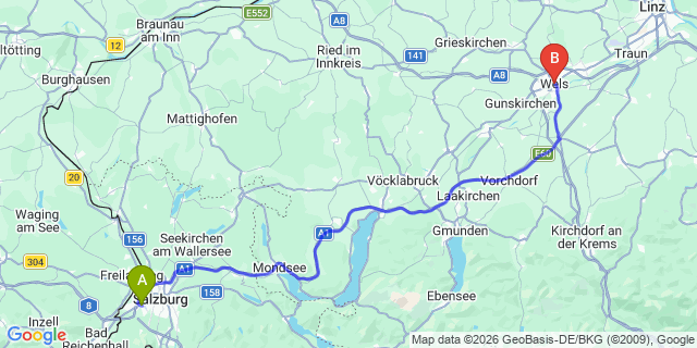 Map: Salzburg Airport (SZG) to Wels (city)